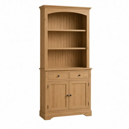 Mueble de almacenamiento alto de MDF con chapa de pino estantes abiertos 2 puertas y 2 cajones madera natural 180 cm
