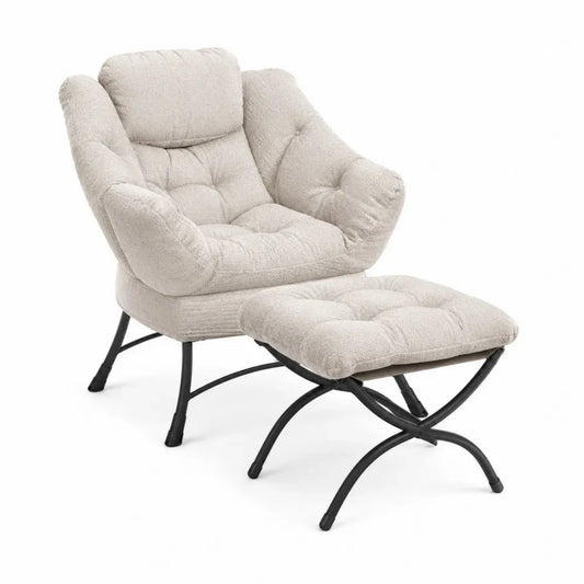 sillón con otomana tapizado en tejido bouclé beige estructura metálica negra diseño moderno conjunto de descanso