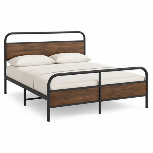 Cama matrimonial rectangular con estructura de acero negro y paneles de MDF efecto madera marrón 160 x 200 cm