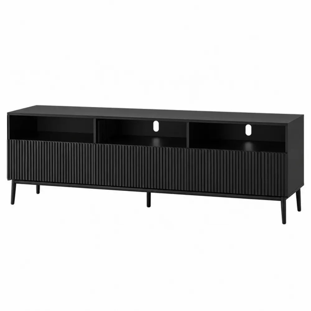 Mueble para TV de madera en color negro con puertas correderas ranuradas compartimentos abiertos y gestión de cables 180 x 40 x 50 cm