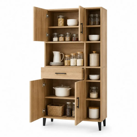 Mueble de almacenamiento alto rectangular de MDF laminado roble natural con 4 puertas 1 cajón y estantes 120 x 40 x 180 cm