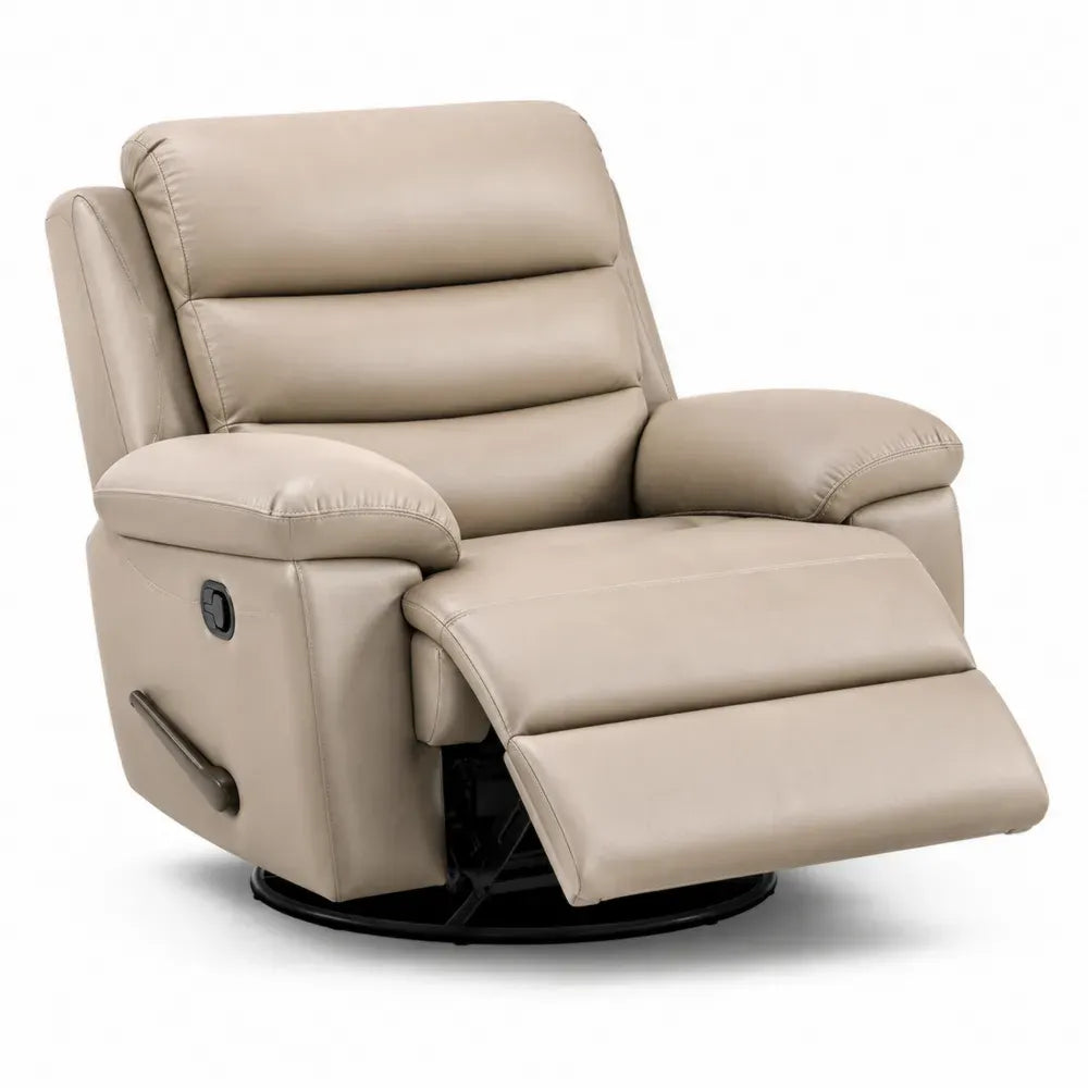 sillón reclinable giratorio con reposapiés extensible tapizado en piel sintética beige base circular negra diseño moderno