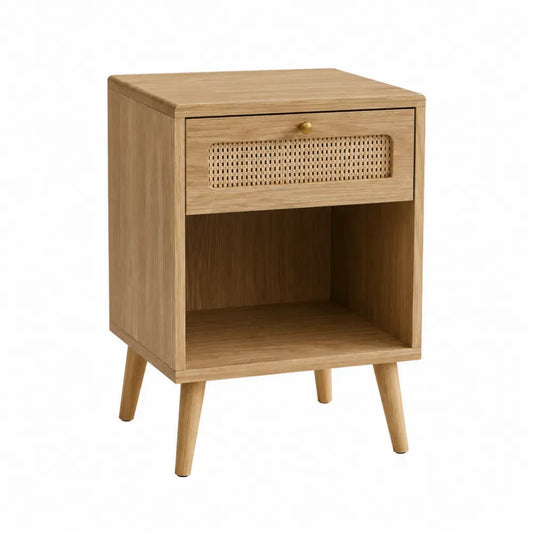 Mesita de noche rectangular de MDF efecto madera natural con cajón de ratán estante abierto y patas de madera 45 x 35 x 55 cm