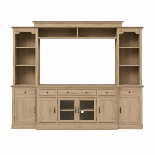 Centro de entretenimiento rectangular de MDF color madera natural con estantes abiertos cajones puertas y módulos laterales 220 x 40 x 200 cm
