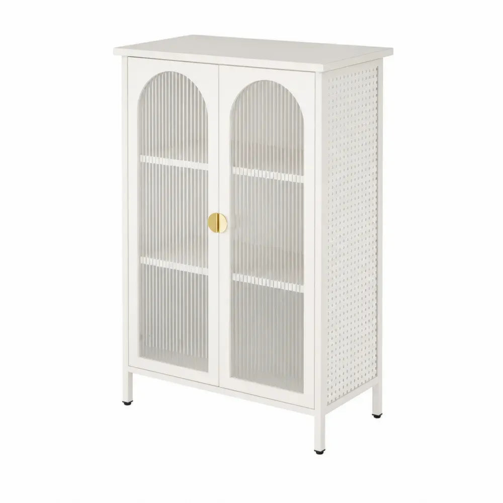 aparador de salón con puertas de vidrio acanalado estructura MDF color blanco crema patas metálicas diseño moderno 120 cm