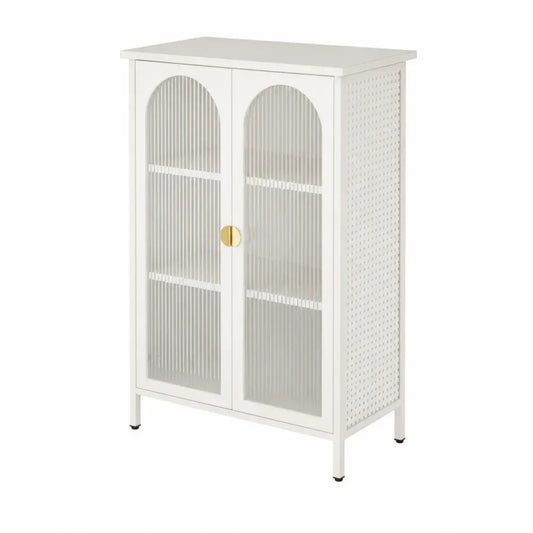 aparador de salón con puertas de vidrio acanalado estructura MDF color blanco crema patas metálicas diseño moderno 120 cm