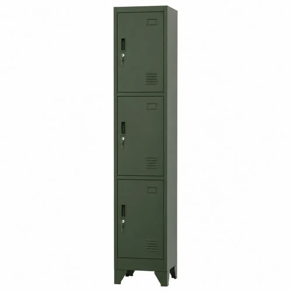 Armario metálico de almacenamiento tipo taquilla 180x38x45 cm acero verde industrial con tres puertas y cerradura de llave