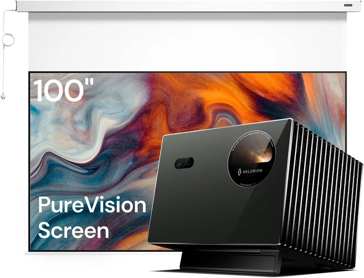 Valerion Pro2, TV a domácí kino, Anti- Speckle VisionMaster 4K Triple Laser Projektor Bundle se 100 'motorizované, Černá, 4K, 100 ', 120'
