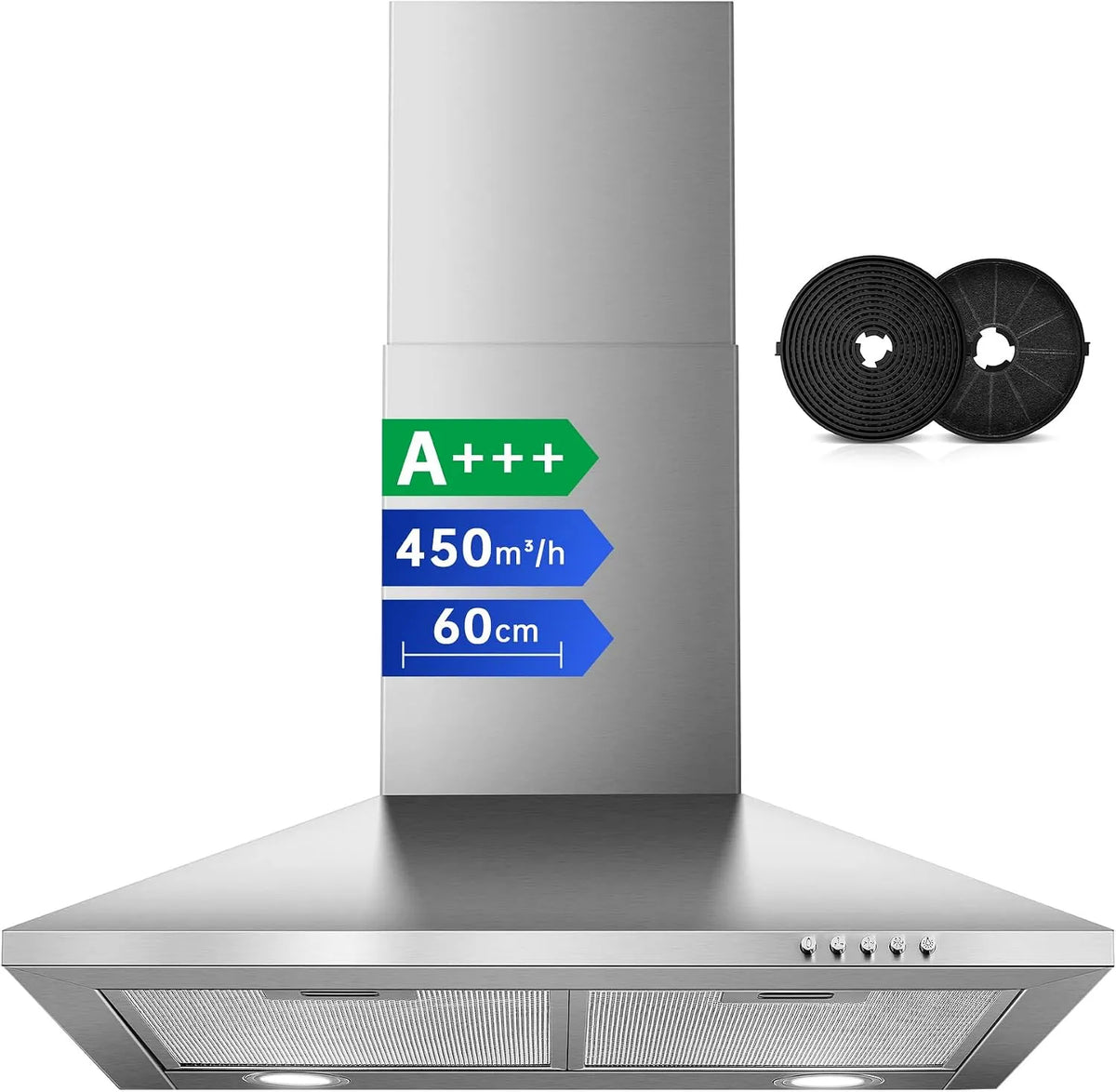 SNDOAS 450m3, Nástěnné digestoře, 60cm A + + + vzdálenost 60 cm cirkulující vzduch a výfukový vzduch, / h, Černá / stříbrná, 60cm, 150 mm, 5v