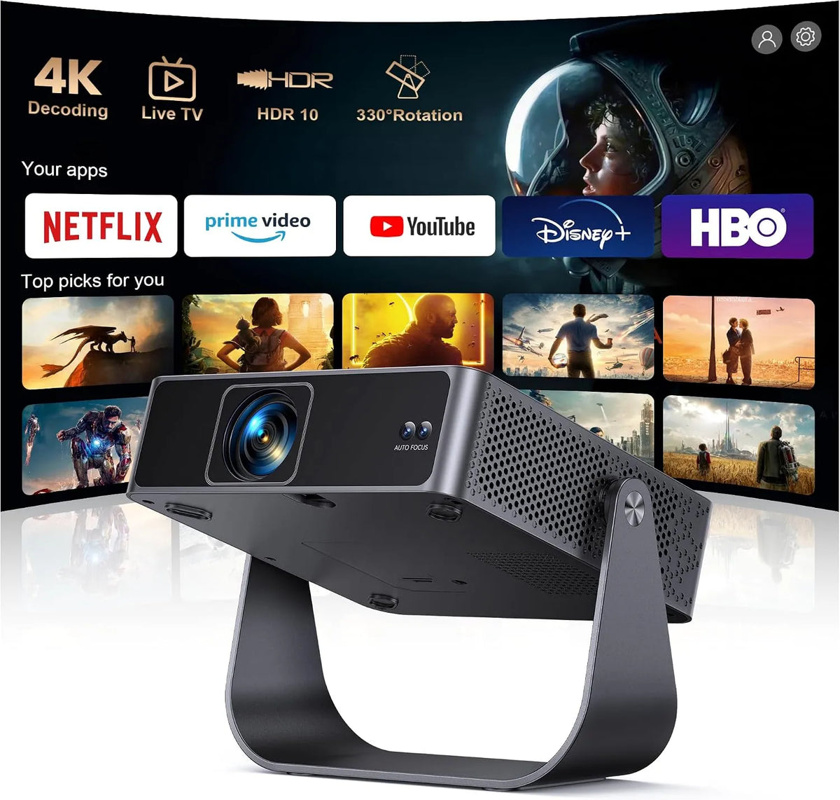 PUTRIMS Autofokus/6D TV/330, Projektory, Inteligentní Beamer Kompatibilní s Netflix / Live TV / 330 ° Rotabilní Mini, Černá, 4K, Full HD, 97 x 5
