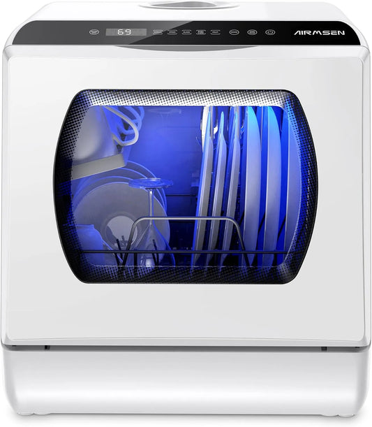 AIRMSEN, Stolní myčky nádobí, Mini myčka nádobí stůl myčka s 5 + 1 programy 5L vodní nádrž, 2 způsoby, jak, Bílá, 5L, 8 x 42, 5 cm, 26 cm