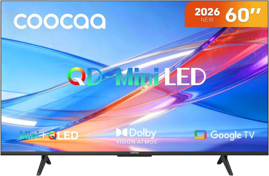coocaa DVB-T2/C/S2 HDR10, Televizory, + 60 palců TV QD-Mini LED TV, 4K Smart TV s Google TV, Dolby Vision & Atmos, Černá, Mini LED, 4K, QLED