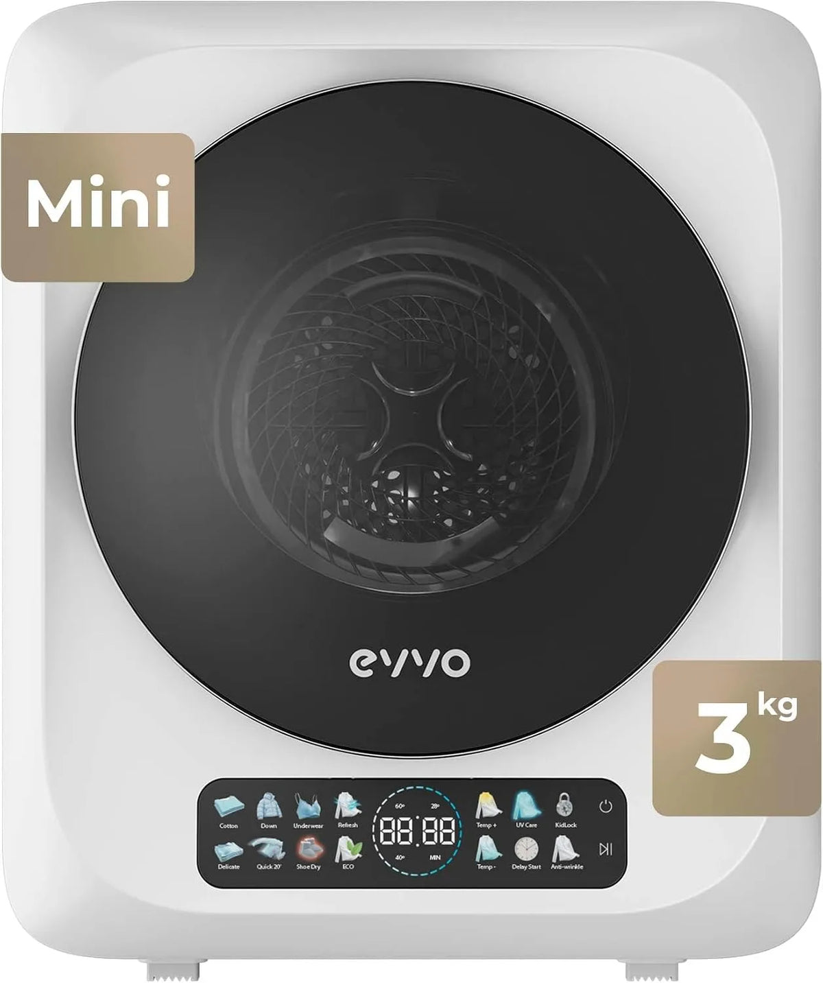 EVVO, Pračky a sušičky, Vysoušeč oblečení Mini S4, přenosný, 3 kg, kompaktní design, dotykový panel, UV, Bílá