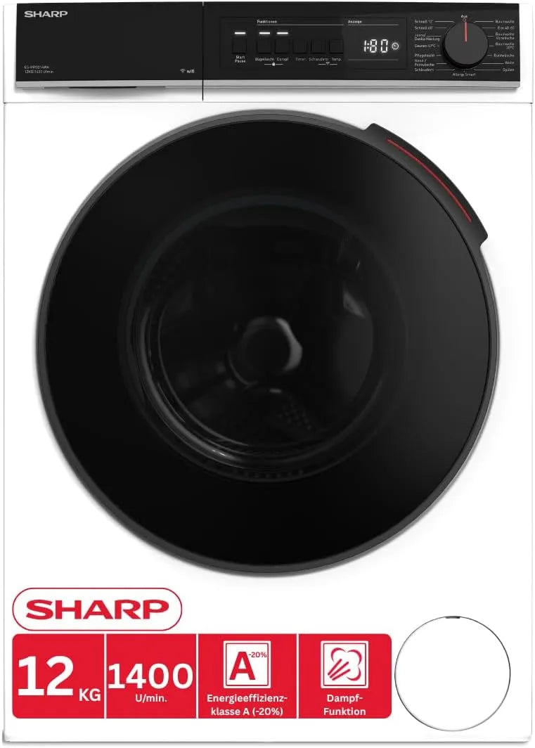 SHARP ES-PRO214WA-DE A-20, Pračky, pračka (12 kg, EEK %, 1400 ot. / min.), (WiFi, měnič motoru, parní, AquaStop), Bílá, 214W, 12 kg