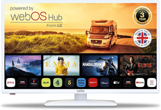 Cello, Televizory, bílá 12 Volt 32 palců Traveller Smart TV, ultrarychlý Webos, Bluetooth, Netflix, Bílá, 12 V, 10 V, 27 V