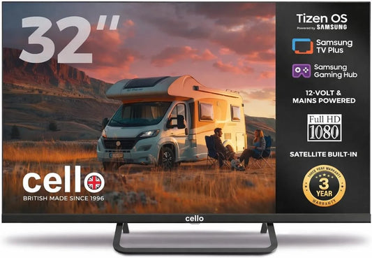 Cello V/230 CTRAV-32TZ, Televizory, 32 palců Smart TV, 12 V / 230 V, Tizen OS od Samsung, Gaming Hub, Bluetooth, Černá, 12 V, 230 V, 3 L