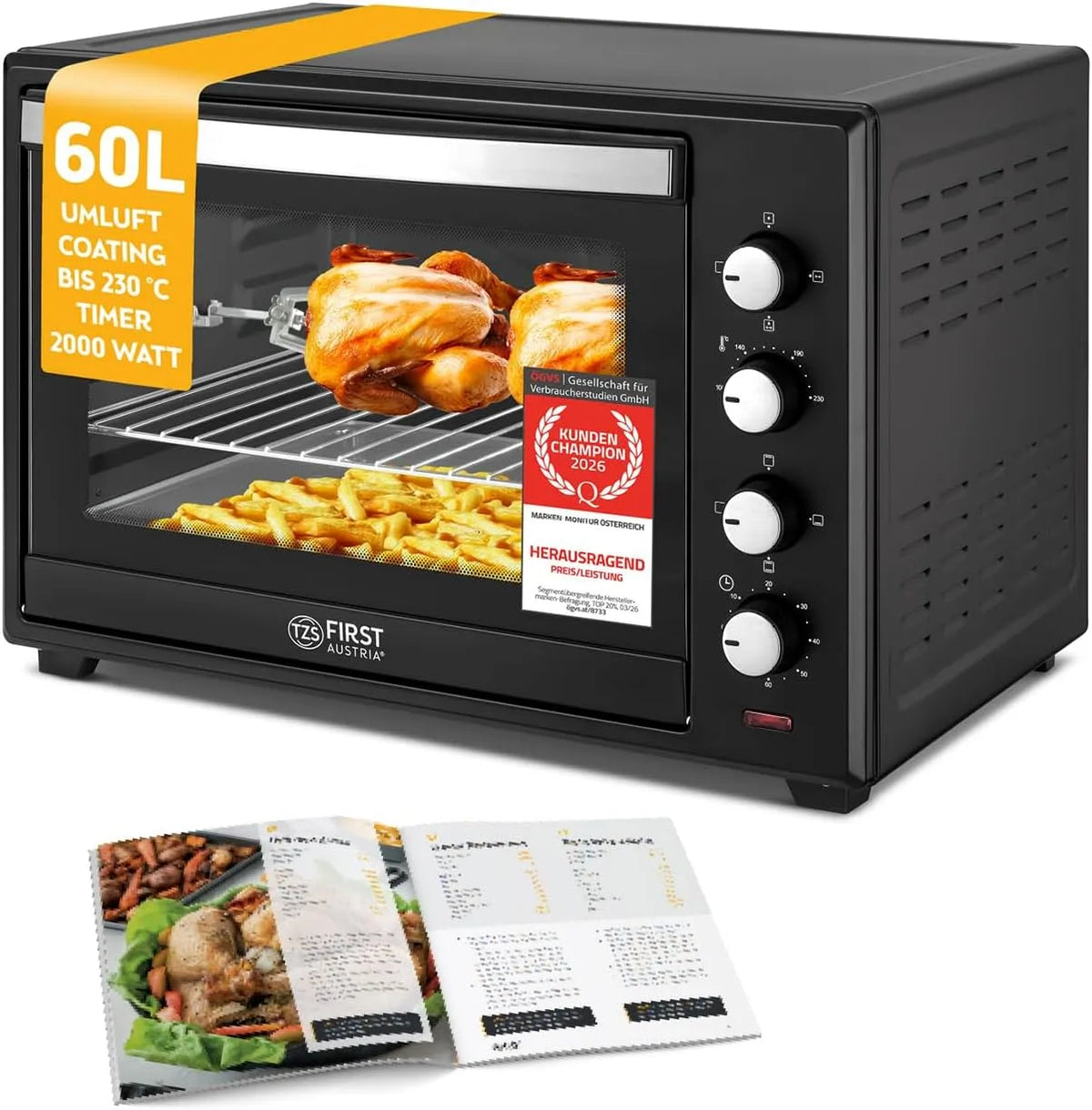 TZS First Austria, Mini trouby, TZS První Rakousko - Minibakkingofen 60L 2000W - Mini Bakingofen Pizzaofen, Černá / stříbrná, 60L, 2000W, 4 v
