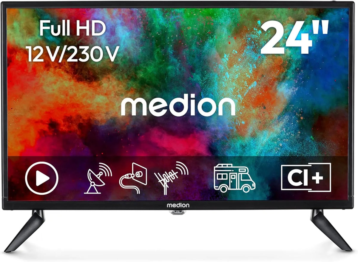 MEDION, TV a domácí kino, 59.9 cm (24 palců) Full HD TV (ideální pro kempování v zahradě pro přívěsy, 12V, Černá, 59.9 cm, Full HD, 212V