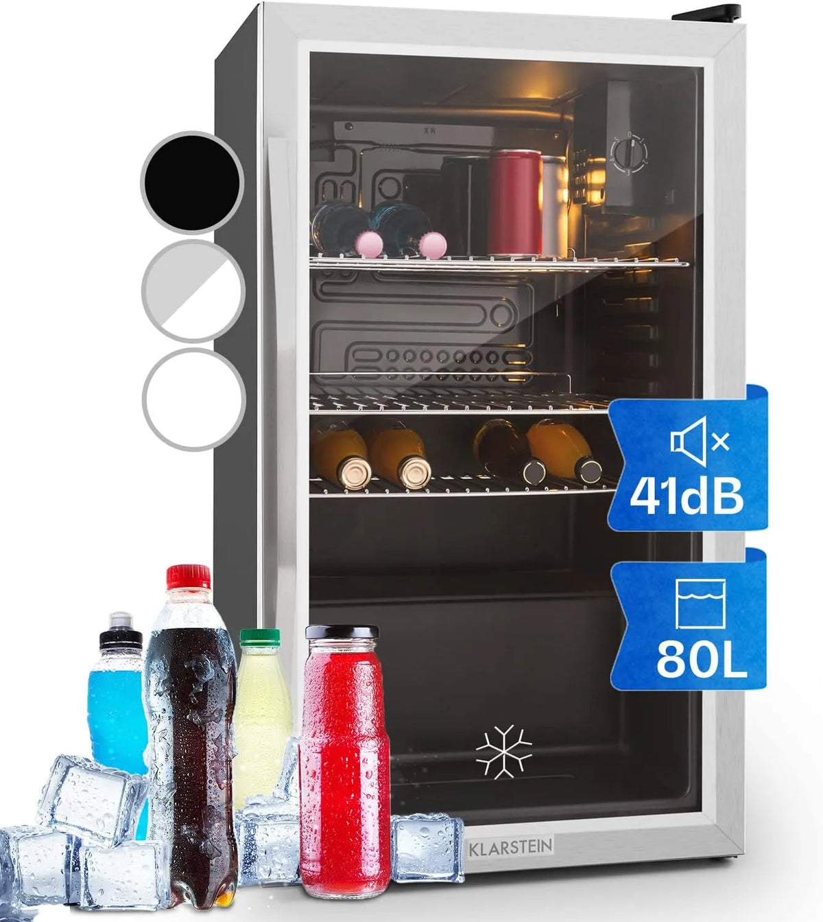 Klarstein, Nápojové chladničky, Beersafe XXL 80 L Nápoje Lednice Skleněné dveře, Stříbrná, 80 L, 42 dB