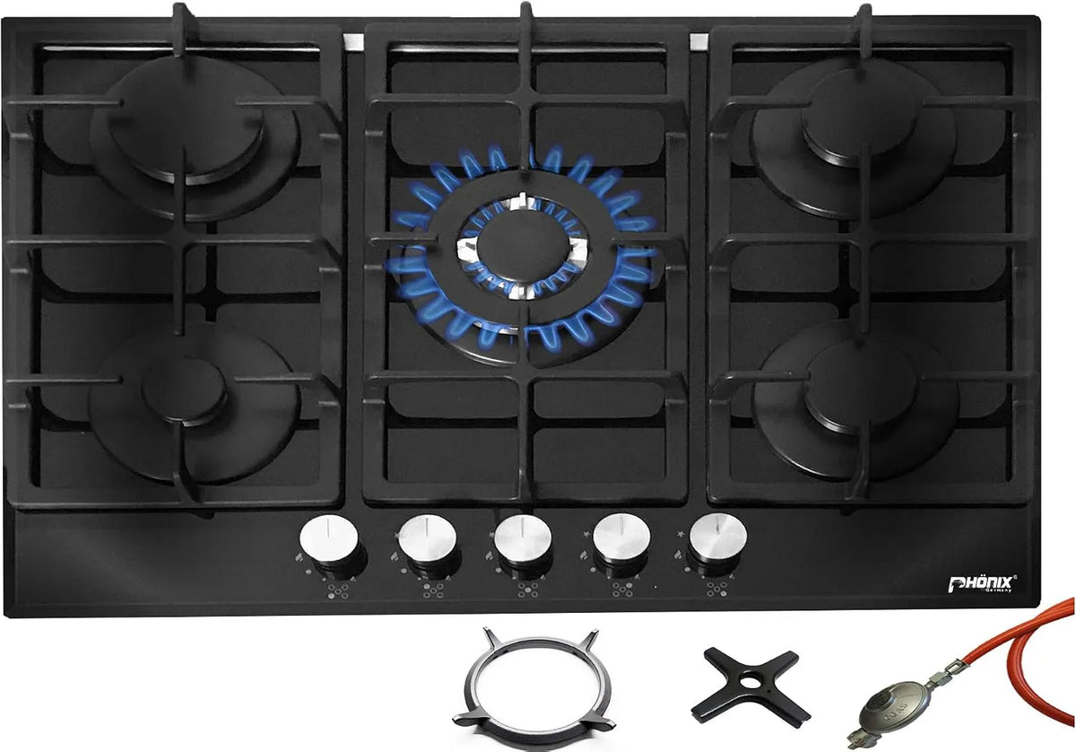 Phönix Germany PG-901T, Varné desky, Phönix Built- in Gas Kochfeld sklo Gas Kocher 5 hotplates self-supplied, Černá, 90cm, 80cm, 11kg, 2 '