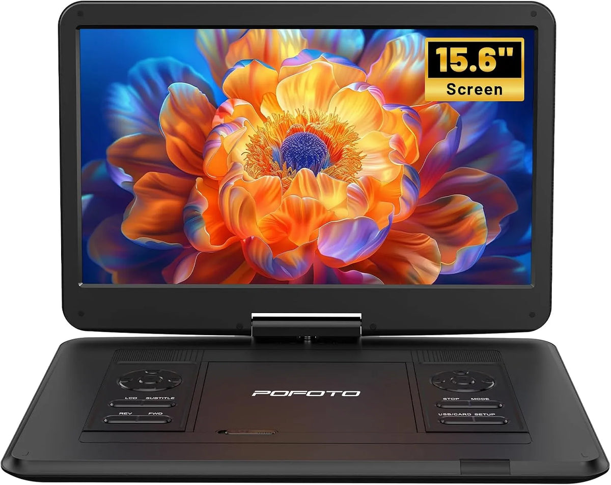 pofoto, Přenosné DVD přehrávače, 17.5 'přenosný DVD přehrávač s 15.6' 'Rotabilní HD displej, 6h životnost baterie, Černá, 17.5 ', 15.6'