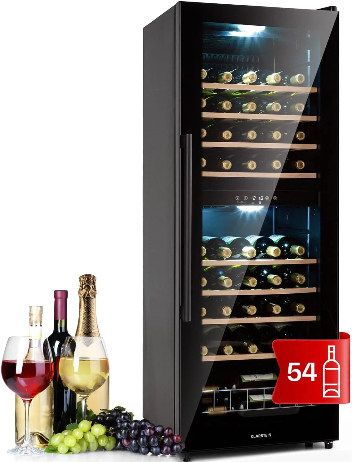 Klarstein, Nápojové chladničky, Lednička na víno, Nápoje Lednice Úzký, 2 Zóny Lednice se skleněnými dveřmi, Černá, 54 l