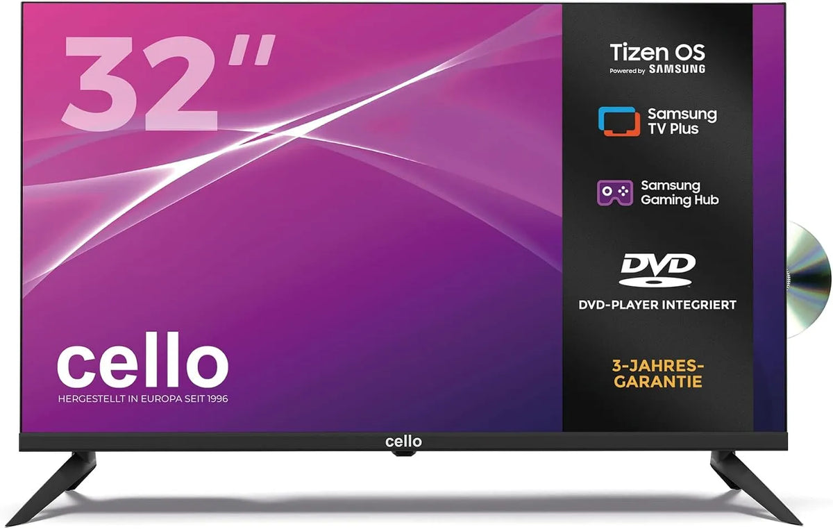 Cello C3226TZF, Televizory, 32 palců bezrámové inteligentní TV s DVD přehrávačem, Tizen OS od Samsung, Gaming, Černá, 3 L