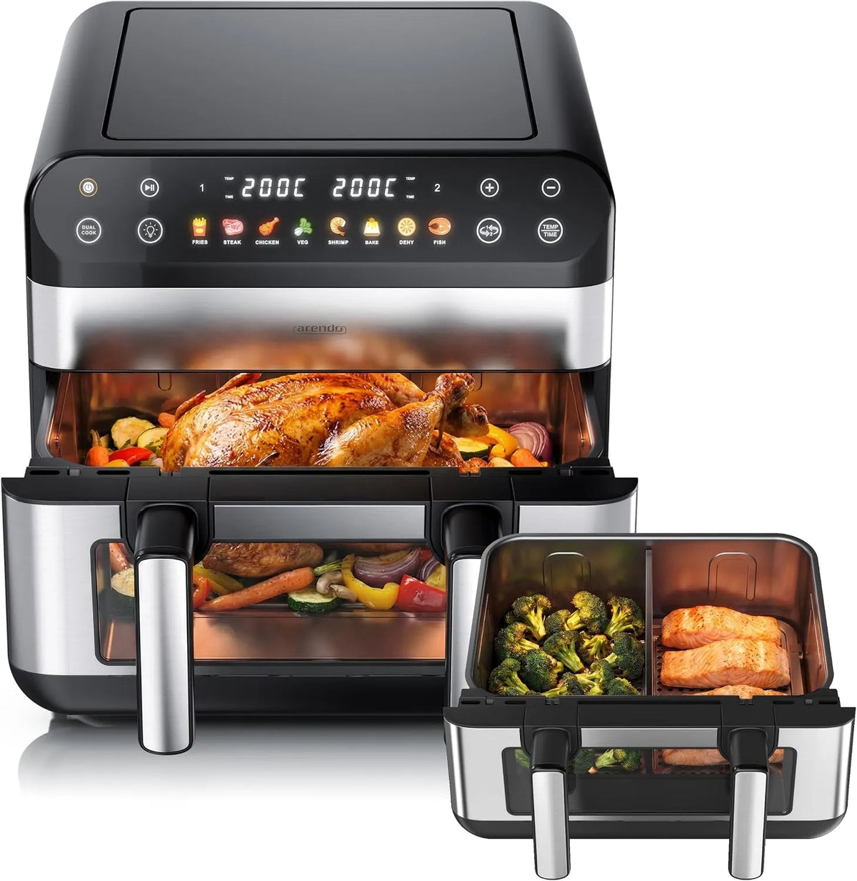 Arendo, Horkovzdušné fritézy, XXL Hot Air Fryer 10 l - 2 komory oddělitelné / 1 komora Match Function - Extra, Černá / stříbrná, 10 l, 5l
