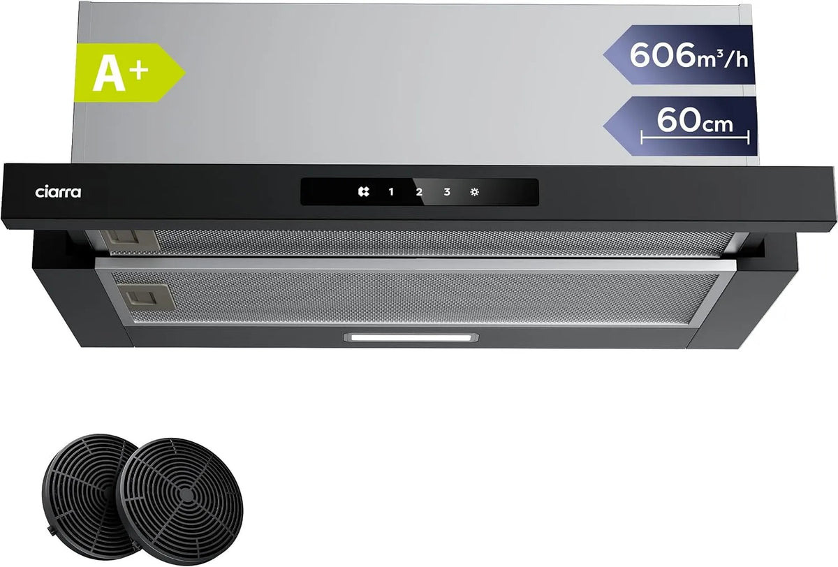 CIARRA CBCB6909A CBC6909A, Výsuvné digestoře, + vzdálenost kapoty 60 cm 606 m3 / h cirkulujícího vzduchu Exhaust vzduch černý, Černá, 60 cm
