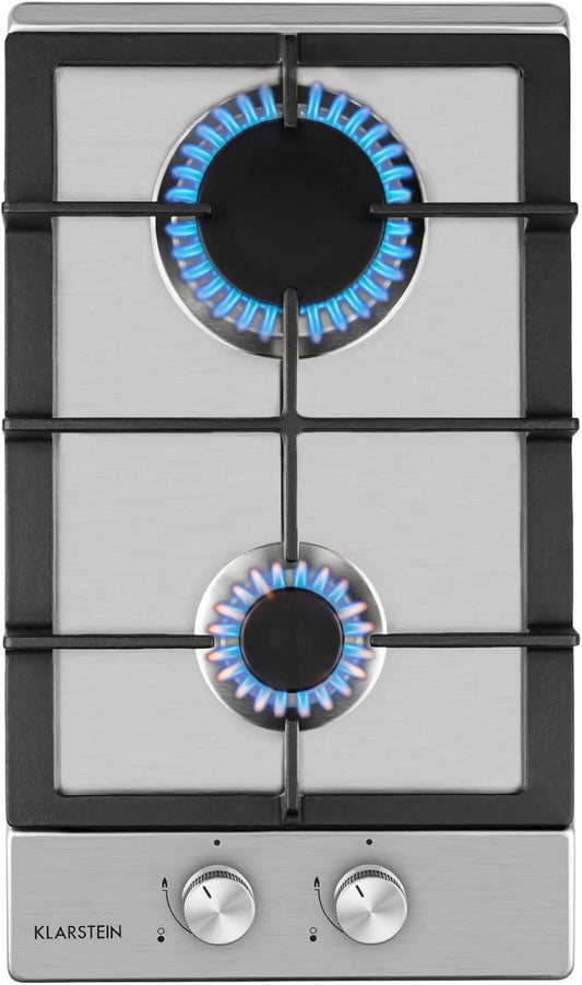 Klarstein 2-Flammig, Varné desky, Plynový sporák, plynová sporák, hořák Sabaf, plynová sporák na propan / zemní, Stříbrná, 30 cm, 3 kW, 1 kW
