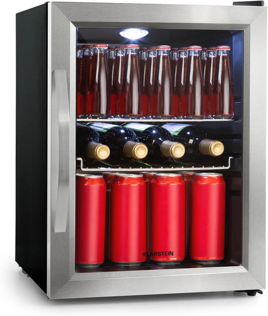 Klarstein, Nápojové chladničky, Beersafe Beversafe Lednice 33 L - Mini Lednice se skleněnými dveřmi, stříbrná, Stříbro / Černá, 33 L, 42 dB