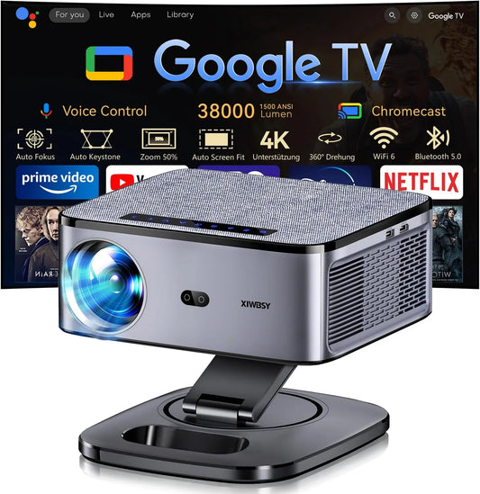 XIWBSY 1080P, Projektory, Beamer 4K LAN 1500 ANSI & Google TV / Autofocus LAN Full HD 38000 Lumens, Černá, 4K, Full HD, 38000 L, 5 W