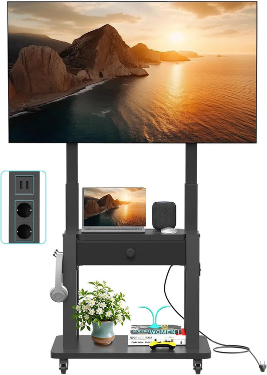 Hellsehen, Stojanové nohy, Stojan na Rolling TV s zásuvkou a textilem pro 32-75 'ploché / zakřivené TV do, Černá, 75 ', 100kg, 600 x 400mm