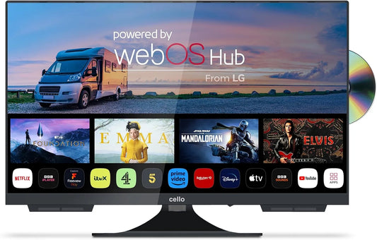 Cello C2224WSF, Televizory, 12V 22 palců chytrý TV bez rámu s integrovaným DVD přehrávačem, ultrarychlý, Černá, 2224W, 12V, 49 x 30 x 8 cm
