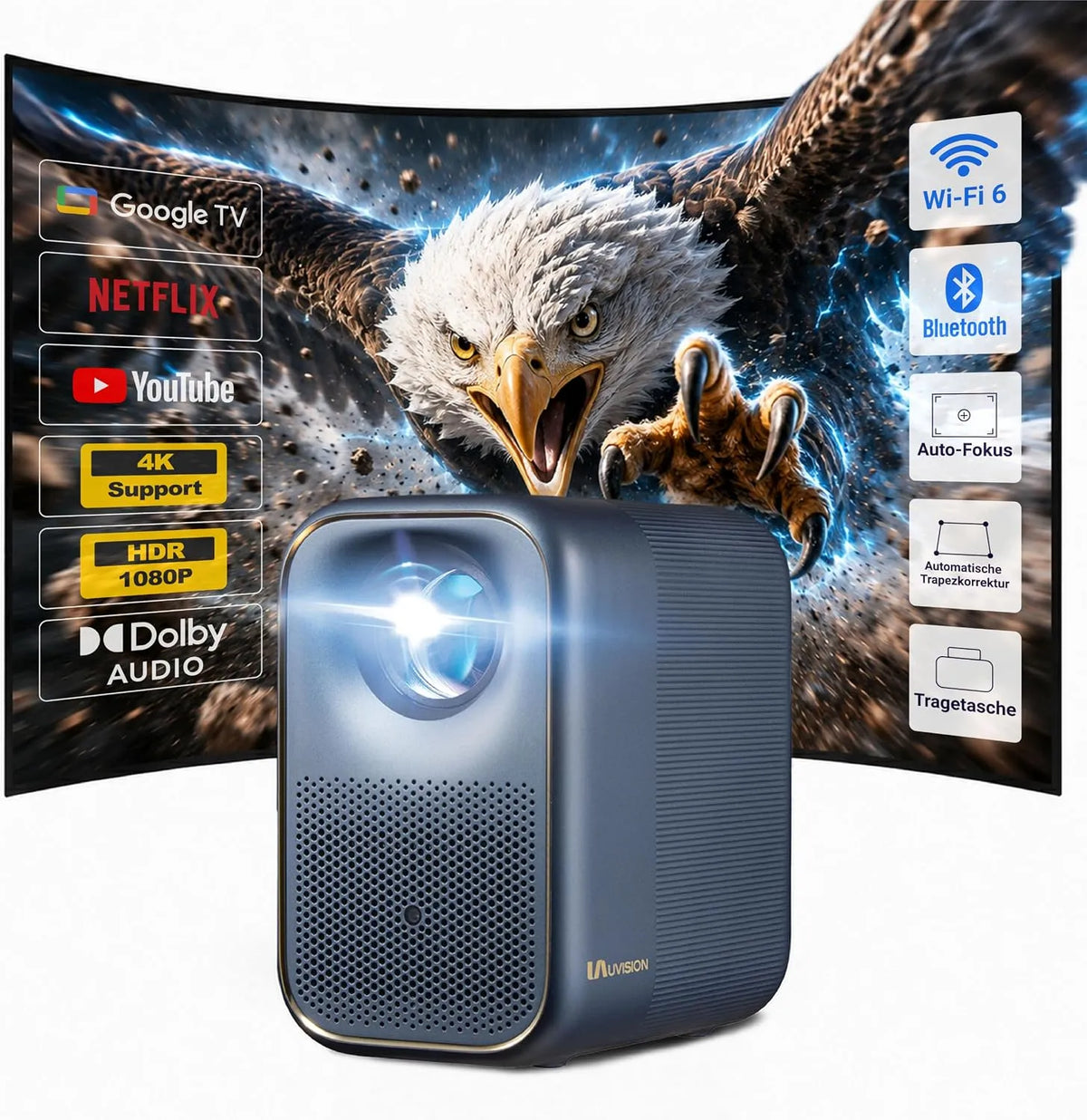 Uvision, Projektory, Integrace Bluetooth Google TV, Netflix / YouTube, Dolby Audio, Autofocus / Trapez, Černá, 4K, 1W, 5400 L, 3, 5 mm
