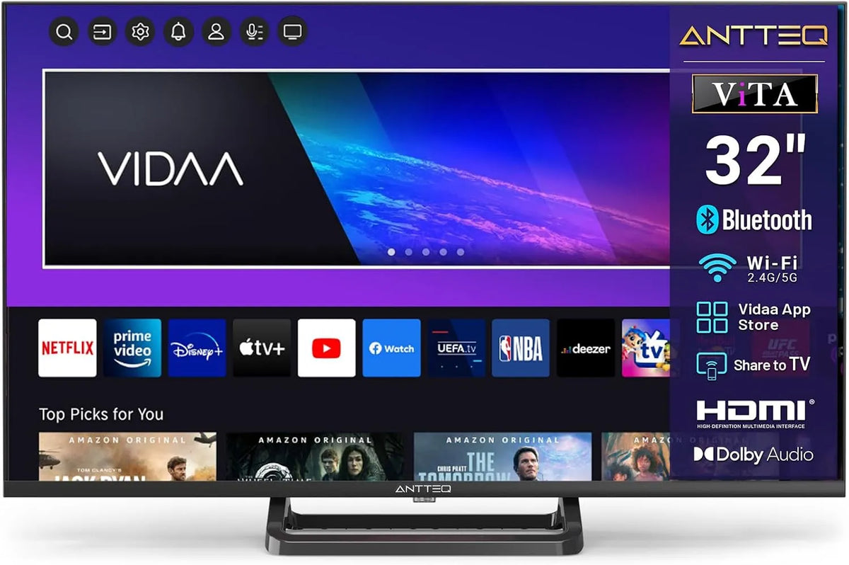 Antteq DVB-T2/S2/C DVB-T2, Televizory, Smart TV 32 palců Bluetooth (TV 80 cm) s midfoot, hlasové dálkové ovládání, HD, Černá, 80 cm, 1L, 45x1