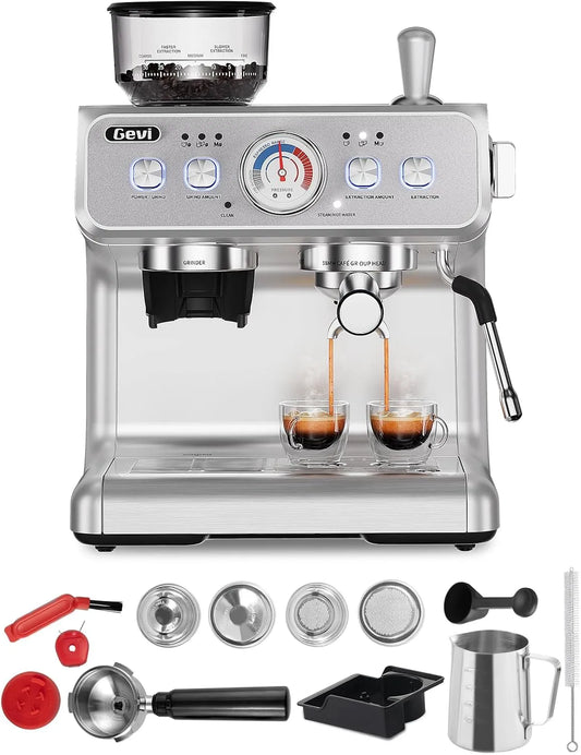 Gevi, Kombinace espresso stroje a kávovaru, 2025 Upgrade obrazovka nosič kávovar s integrovanou kávovarem, Dual Boiler, Stříbrná, 2.8L