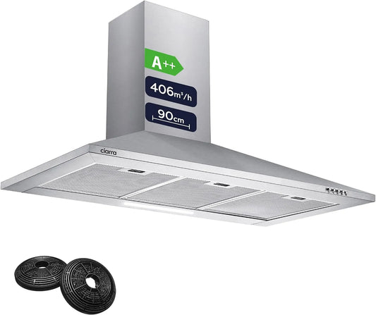 CIARRA CBCS9201, Nástěnné digestoře, A + + vzdálenost 90 cm nižší než 60 dB 406 m3 / h, Černá / stříbrná, 90 cm, 60 dB, 63dB, 1x5