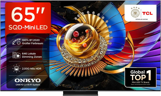 TCL 65Q7D, Přenosné televizory, Pro SQD Mini LED 65 palců TV, 4K Smart TV, Google TV, Černá, Mini LED, 4K, 144 Hz, 288 Hz